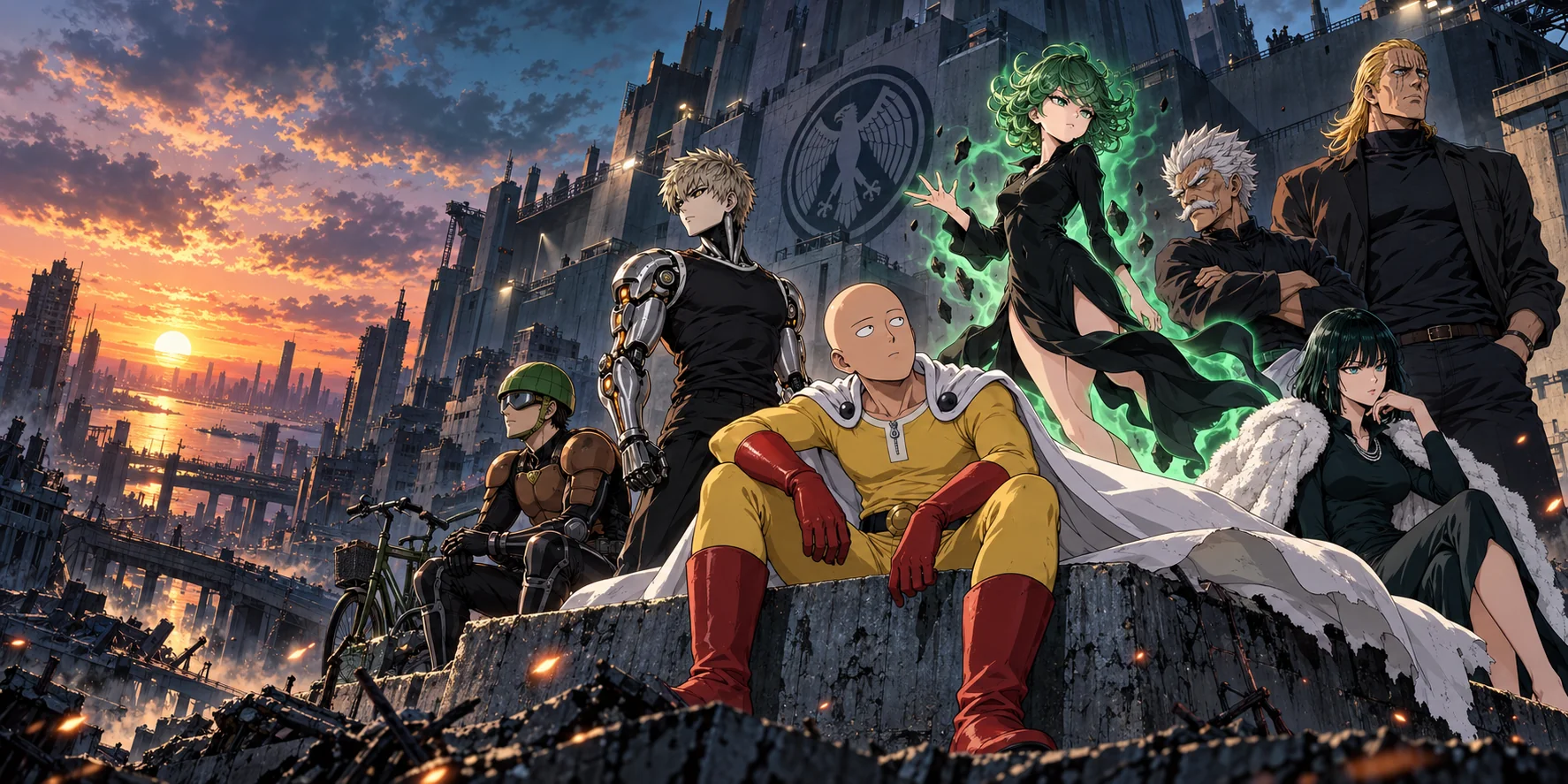 Saitama, Genos, Tatsumaki, Bang, Fubuki, King and Mumen Rider wait together above City Z at sunset.